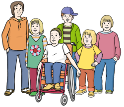Eine Gruppe mit Kindern, einem Rollstuhlfahrer und Jugendlichen
