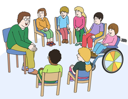 Eine Gruppe mit Kindern, Rollstuhlfahrer, Jugendlichen und einem Gruppenleiter in einem Stuhlkreis